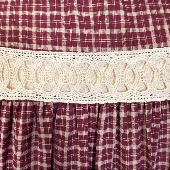 Pink Owl Maroon Plaid Mini Dress with Crochet Detail, Size Large - Picture 5 of 8